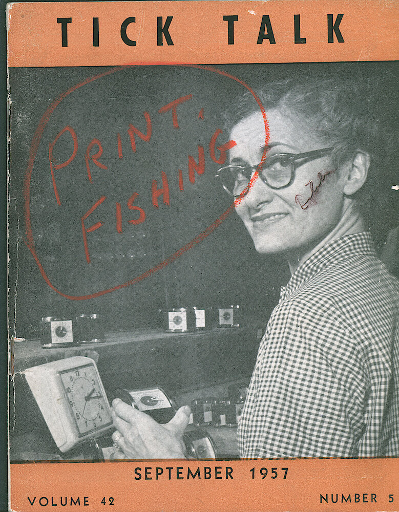 Westclox Tick Talk, September 1957, Vol. 42 No. 5 > F. Manufacturing: Annabelle Samlin Of Big Ben Finishing Works On The Packing Line And Is Inspecting Travalarns (caption On Page 1).