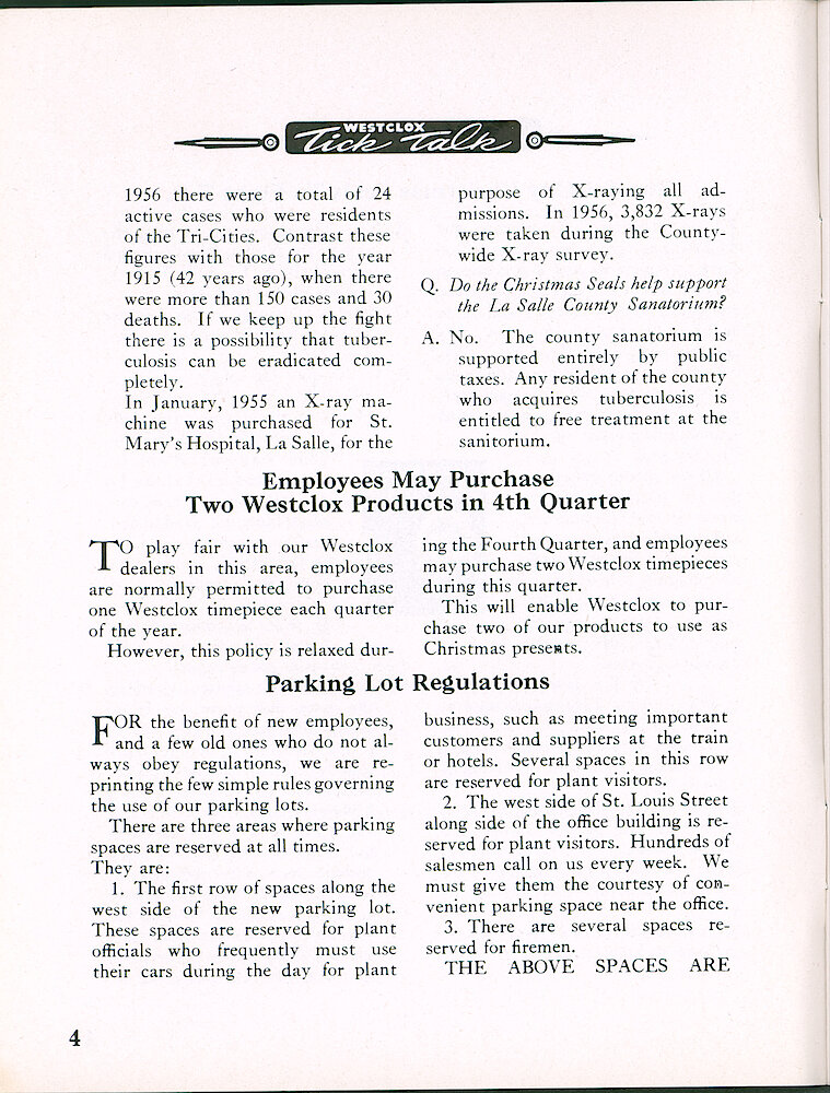 Westclox Tick Talk, October 1957, Vol. 42 No. 6 > 4. Personnel: "Employees May Purchase Two Westclox Products In 4th Quarter"