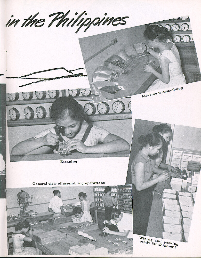 Westclox Tick Talk, October 1957, Vol. 42 No. 6 > 9. Corporate: Factory: " Pictured On These Pages Is The Small Westclox Assembling Plant Of L. D, Seymore & Company, Manila (Inc.) Philippine Islands." Pictures Of Movement Assembling, Escaping, Assembling Operations, Wiping And Packing Ready For Shipment.