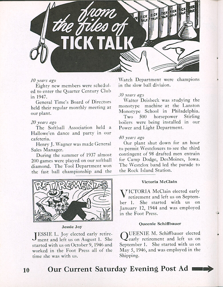 Westclox Tick Talk, October 1957, Vol. 42 No. 6 > 10. Advertising Caption: "Our Current Saturday Evening Post Ad" Is On The Next Page.