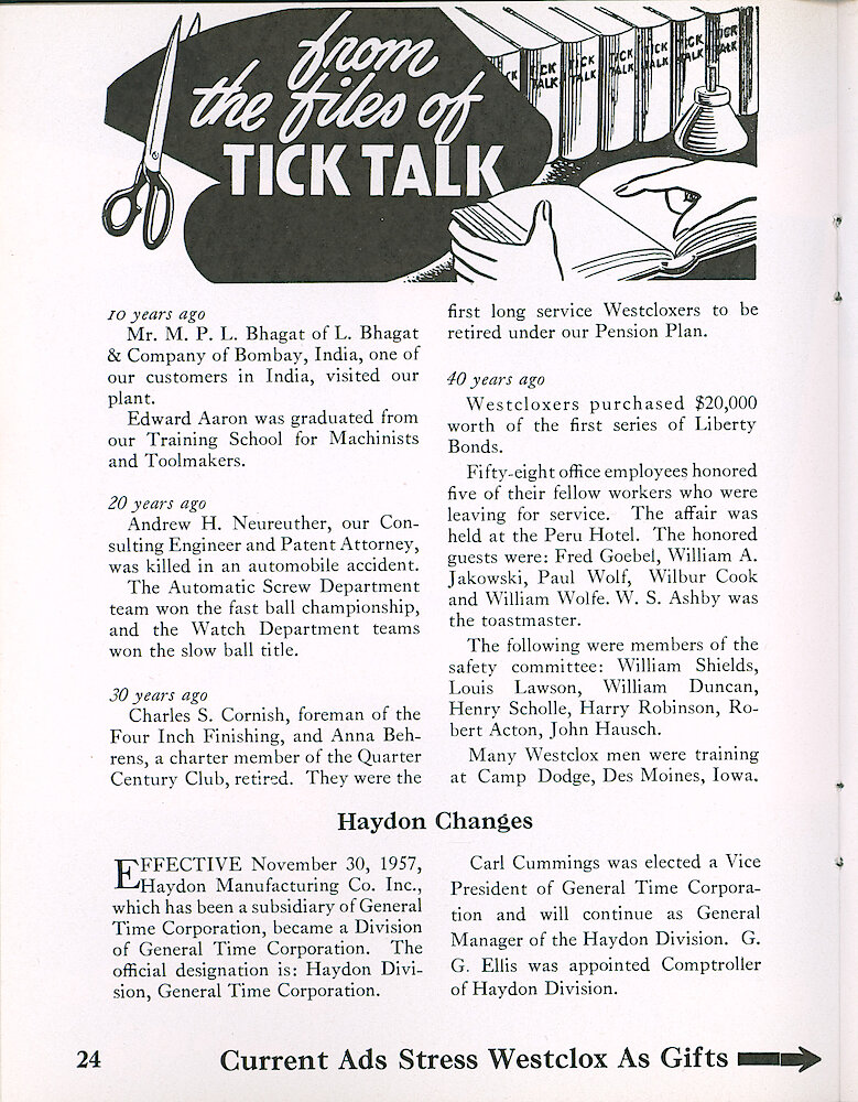 Westclox Tick Talk, November 1957, Vol. 42 No. 7 > 24. Advertisement Caption: "Current Ads Stress Westclox As Gifts" See Next Page.