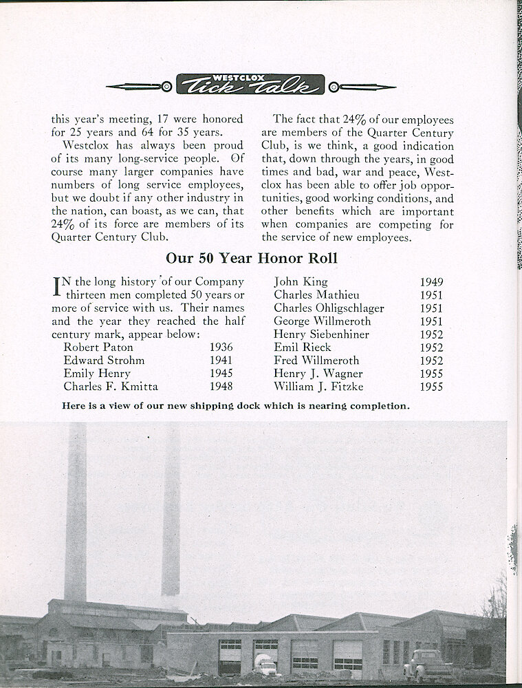 Westclox Tick Talk, November 1957, Vol. 42 No. 7 > 36. PERSONNEL: 50 Year Honor Roll. FACTORY: "Here Is A View Of Our New Shipping Dock Which Is Nearing Completion."