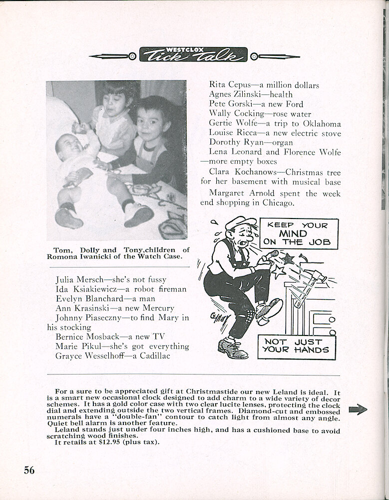 Westclox Tick Talk, November 1957, Vol. 42 No. 7 > 56. Current Model: Picture Caption: About Leland, See Next Page For Picture.