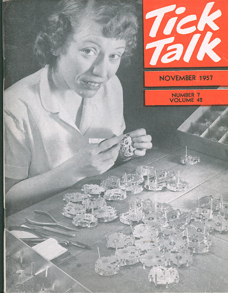 Westclox Tick Talk, November 1957, Vol. 42 No. 7 > F. Manufacturing: Daisey Kopek Is A Member Of The Electric Clock Department (caption On Page 51).