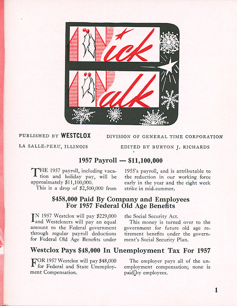 Westclox Tick Talk, December 1957, Vol. 42 Christmas Issue > 1