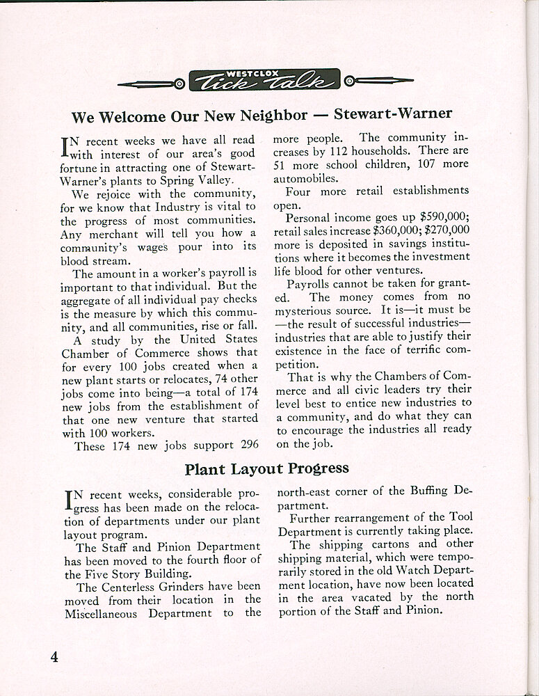 Westclox Tick Talk, December 1957, Vol. 42 Christmas Issue > 4. Corporate: "We Welcome Our New Neighbor—Stewart-Warner" FACTORY: "Plant Layout Progress"