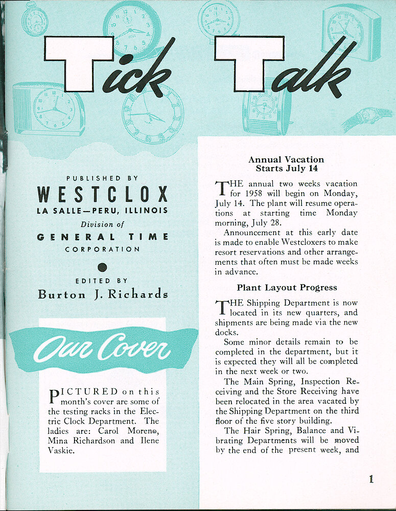 Westclox Tick Talk, January 1958, Vol. 3 No. 1 > 1. Cover Caption: Carol Moreno, Mina Richardson And Ilene Vaskie At Some Testing Racks In The Electric Clock Department.