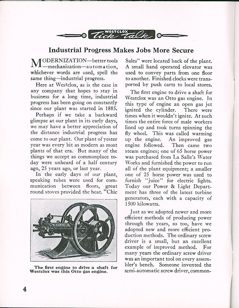 Westclox Tick Talk, January 1958, Vol. 3 No. 1 > 4. Factory: Manufacturing: "Industrial Progress Makes Jobs More Secure" Shows Old Otto Gas Engine And First Steam Engine.