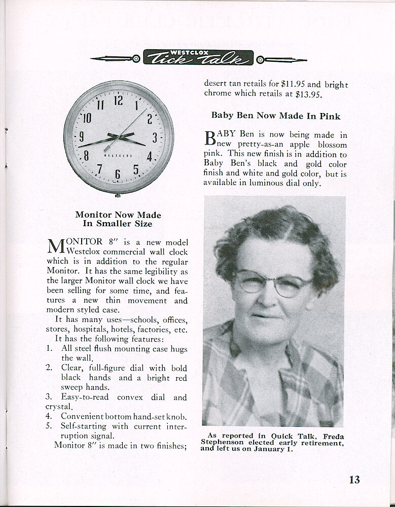 Westclox Tick Talk, January 1958, Vol. 3 No. 1 > 13. New Model: Monitor 8" Commercial Electric Wall Clock (smaller Size). Pictured. NEW MODEL: Baby Ben (Style 7) Now Made In Pink With Luminous Dial Only.