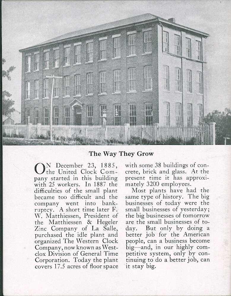 Westclox Tick Talk, January 1958, Vol. 3 No. 1 > B. Historical Picture: Shows The 1885 Building And Gives Brief History.