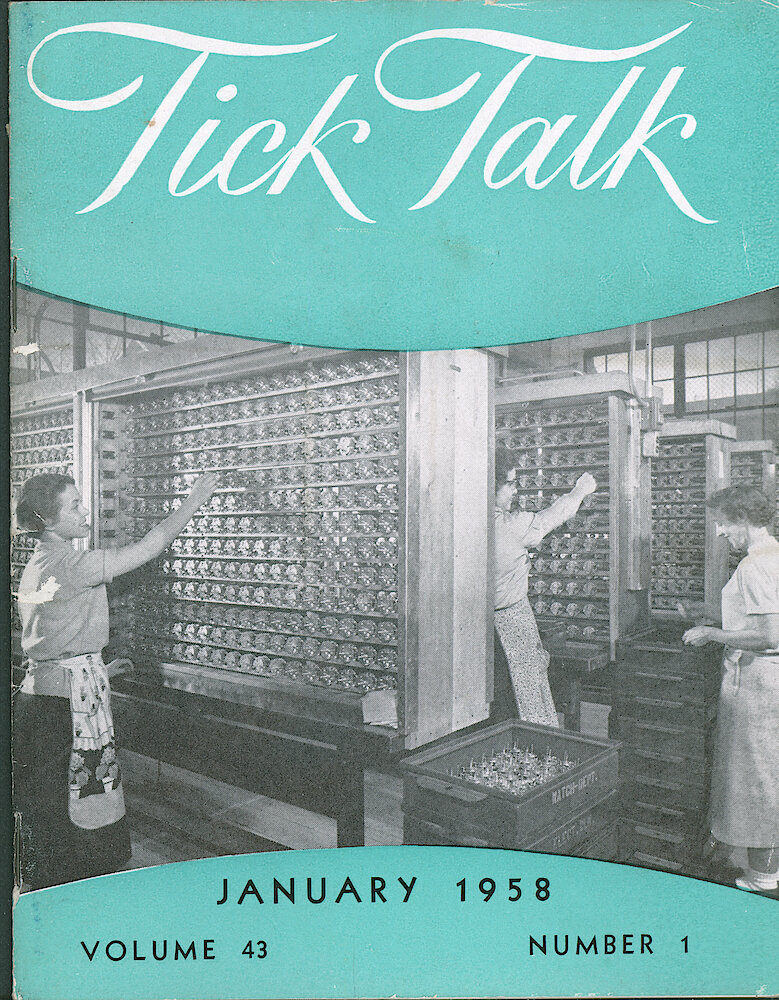 Westclox Tick Talk, January 1958, Vol. 3 No. 1 > F. Manufacturing: Carol Moreno, Mina Richardson And Ilene Vaskie At Some Testing Racks In The Electric Clock Department (caption On Page 1).