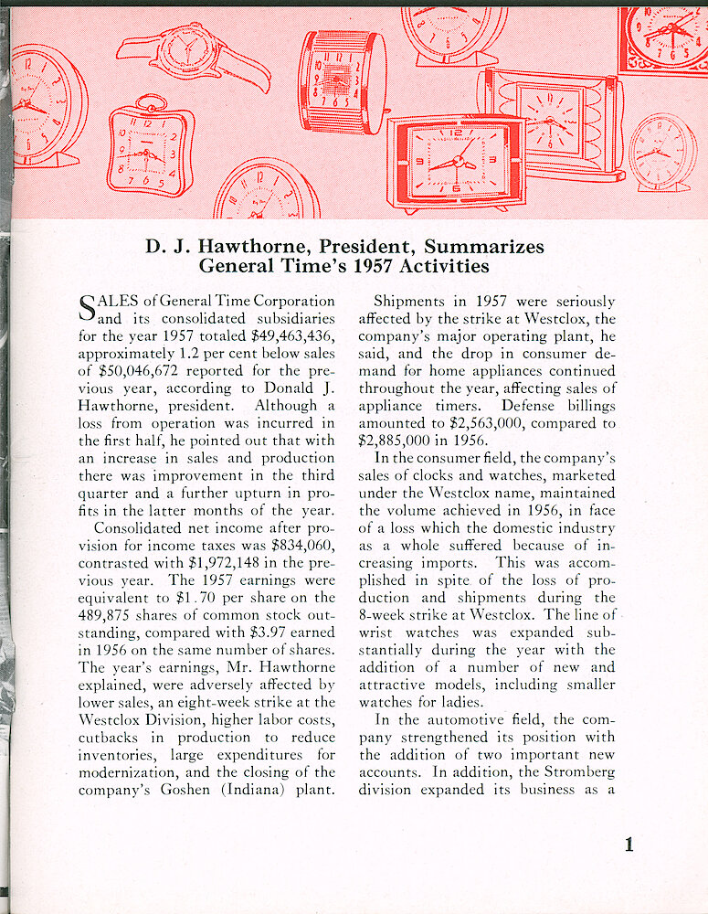 Westclox Tick Talk, February 1958, Vol. 43 No. 2 > 1. Corporate: "D. J. Hawthorne, President, Summarizes General Time&039;s 1957 Activities"
