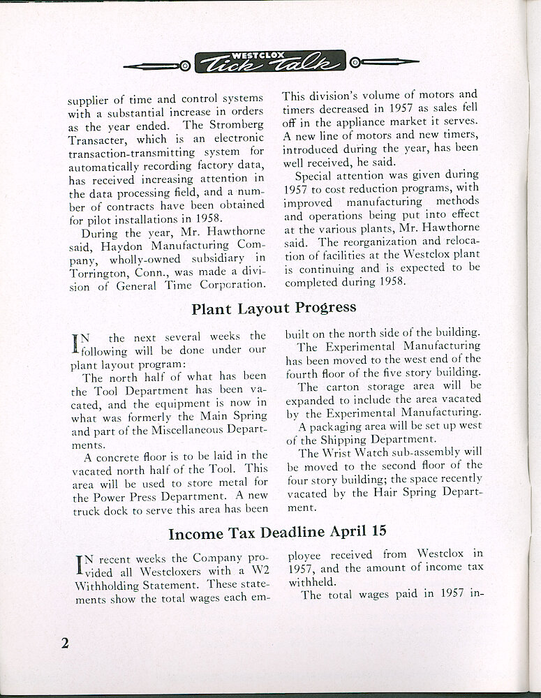Westclox Tick Talk, February 1958, Vol. 43 No. 2 > 2. Corporate: "D. J. Hawthorne, President, Summarizes General Time&039;s 1957 Activities" FACTORY: "Plant Layout Progresses"