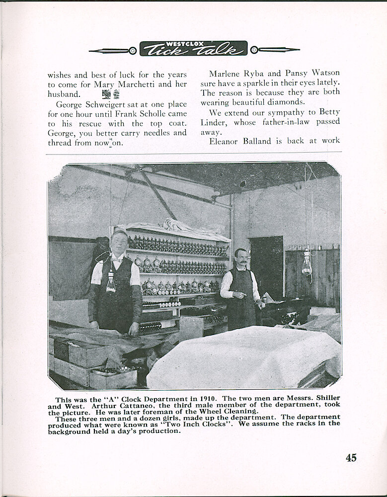 Westclox Tick Talk, February 1958, Vol. 43 No. 2 > 45. Historical Picture: "This Was The &039;A&039; Clock Department In 1910." Mr. Schilller And Mr. West Are Shown.