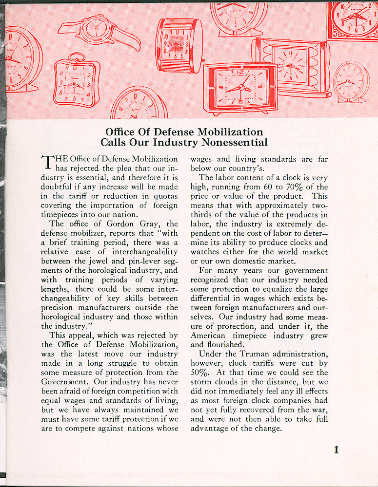 Westclox Tick Talk, March 1958, Vol. 43 No. 3 > 1. Corporate: Marketing: "Office Of Defense Mobilization Calls Our Industry Nonessential"