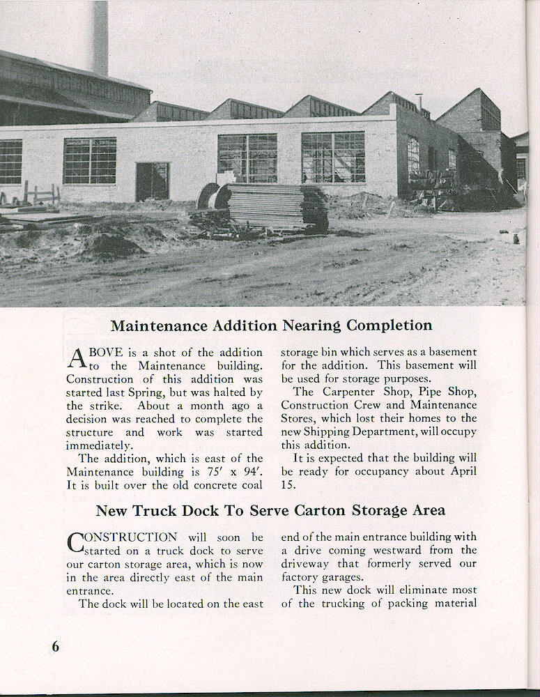 Westclox Tick Talk, March 1958, Vol. 43 No. 3 > 6. Factory: "Maintenance Addition Nearing Completion" Factory: "New Truck Dock To Serve Carton Storage Area"