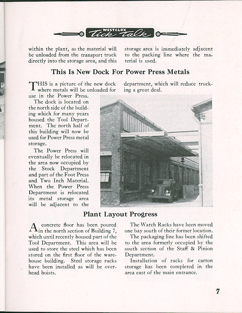 Westclox Tick Talk, March 1958, Vol. 43 No. 3 > 7. Factory: "This Is New Dock For Power Press Metals" "Plant Layout Progress"