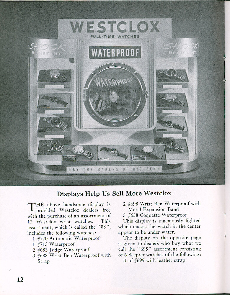 Westclox Tick Talk, March 1958, Vol. 43 No. 3 > 12. Marketing: "Displays Help Us Sell More Westclox" Shows A Wrist Watch Display And Lists The Models.