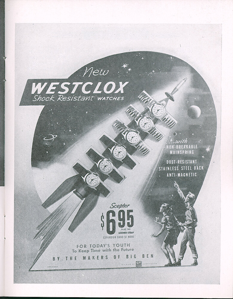 Westclox Tick Talk, March 1958, Vol. 43 No. 3 > 13. Advertisement" "New Westclox Shock Resistant Watches" Shows The Scepter Wrist Watch "for Today&039;s Youth"