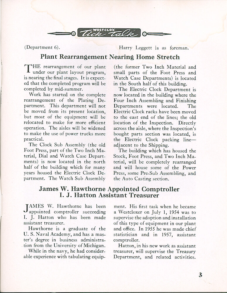 Westclox Tick Talk, April 1958, Vol. 43 No. 4 > 3. FACTORY: "Department Names Changed" Two Inch Material Has Been Changed To Watch Sub Assembly. FACTORY: "Plant Rearrangement Nearing Home Stretch"