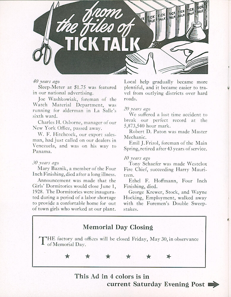 Westclox Tick Talk, April 1958, Vol. 43 No. 4 > 20. Advertisement Caption: "This Ad In 4 Colors Is In Current Saturday Evening Post" Next Page.