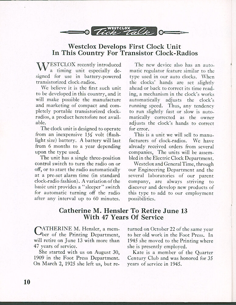 Westclox Tick Talk, May 1958, Vol. 43 No. 5 > 10. New Product: "Westclox Develops First Clock Unit In This Country For Transistor Radios"