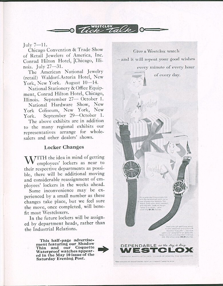 Westclox Tick Talk, May 1958, Vol. 43 No. 5 > 13. Advertisement: "Give A Westclox Watch, And It Will Repeat Your Wishes Every Minute Of Every Hour Of Every Day" Shows The Shadow Thin Wrist Watch And Coquette Wrist Watch. Saturday Evening Post May 10, 1958.