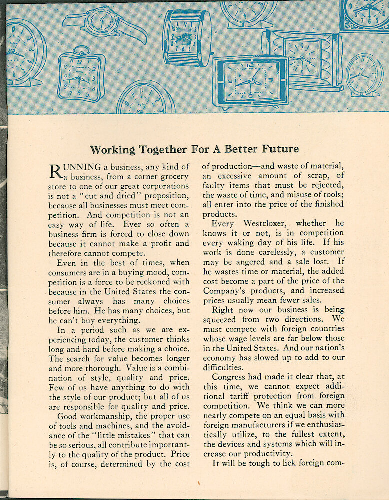 Westclox Tick Talk, JuneJuly 1958, Vol. 43 No. 6 > 1. Corporate: Manufacturing: "Working Together For A Better Future"