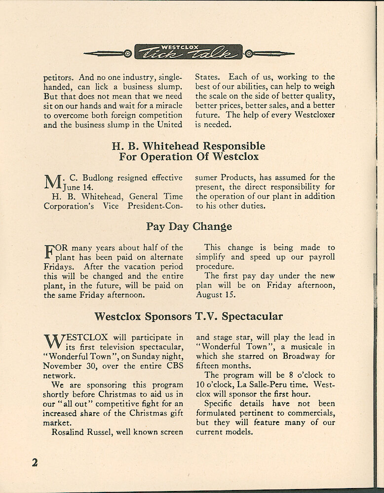 Westclox Tick Talk, JuneJuly 1958, Vol. 43 No. 6 > 2. Corporate: Manufacturing: "Working Together For A Better Future" MARKETING: "Westclox Sponsors TV Spectacular"