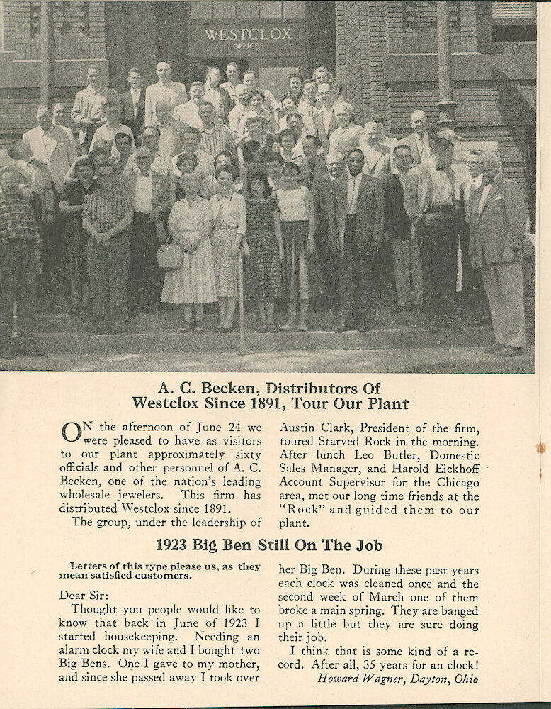 Westclox Tick Talk, JuneJuly 1958, Vol. 43 No. 6 > 6. Corporate: Manufacturing: "A. C. Becken, Distributors Of Westclox Since 1891, Tour Our Plant