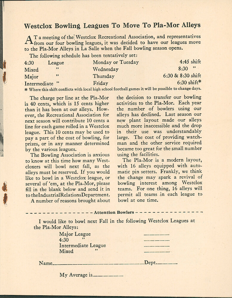 Westclox Tick Talk, JuneJuly 1958, Vol. 43 No. 6 > 9. Personnel: "Westclox Bowling Leagues To Move To Pla-Mor Alleys" To Have More Room.