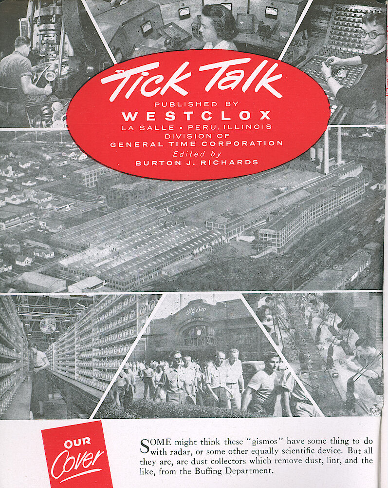 Westclox Tick Talk, April 1959, Vol. 44 No. 2 > Inside front cover. Cover Caption: Dust Collectors At The Back Of The Buffing Department.