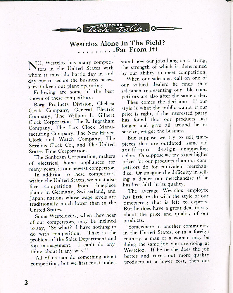 Westclox Tick Talk, April 1959, Vol. 44 No. 2 > 2. Marketing: Corporate: "Westclox Alone In The Field . . . . . Far From It" List Of Our Competitors And On Why We Must Do Our Jobs Well.