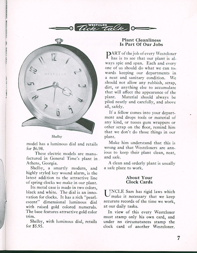 Westclox Tick Talk, April 1959, Vol. 44 No. 2 > 7. New Models: Drowse Electric Alarm, Selectable 5 Or 10 Drowse Time, Gray Plain $5.98, Doeskin Luminous $6.98; Shelby Windup Alarm Clock, Luminous Dial $5.95.