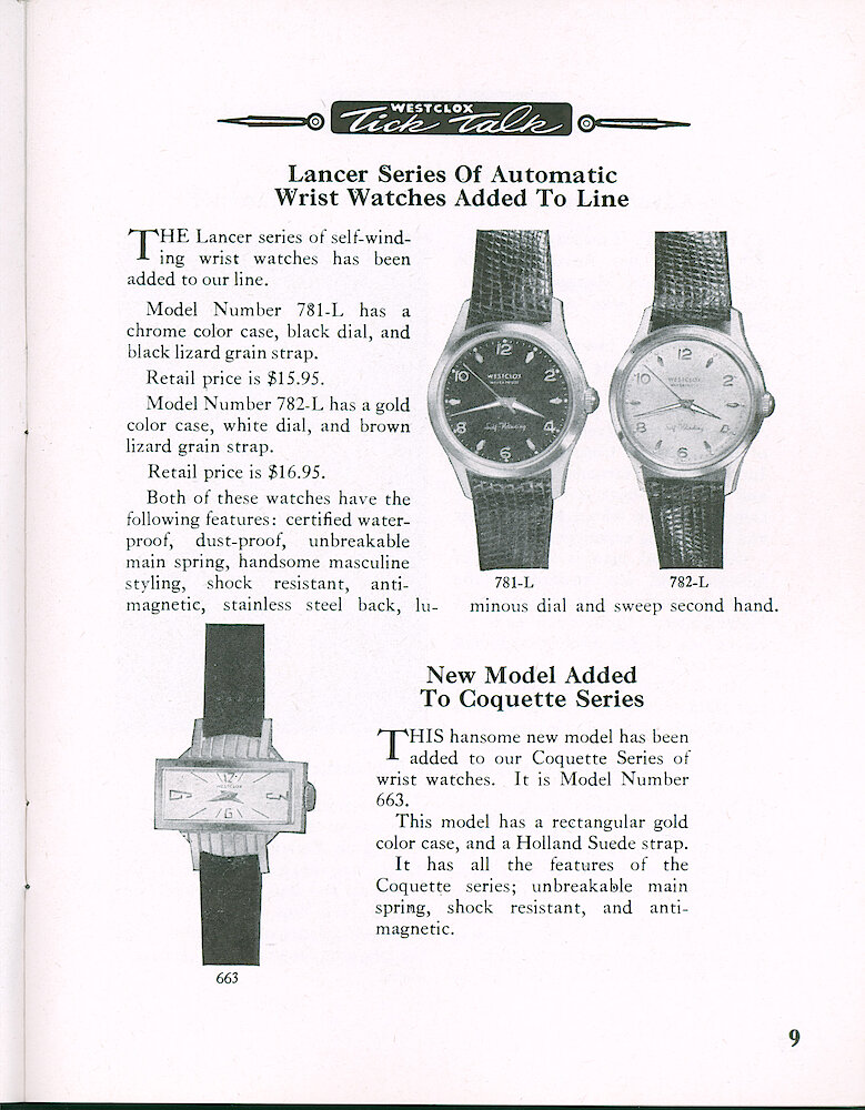 Westclox Tick Talk, April 1959, Vol. 44 No. 2 > 9. New Models: Lancer Automatic Wrist Watch, New Coquette Series Model, Rectangular Case, Gold Color.