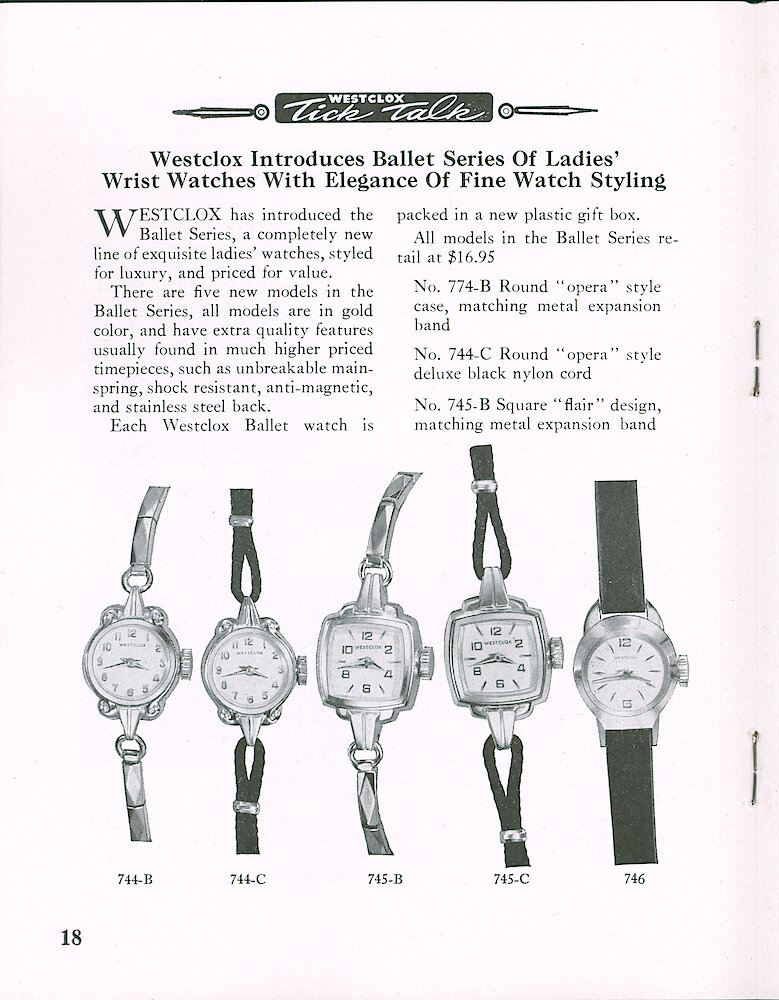 Westclox Tick Talk, April 1959, Vol. 44 No. 2 > 18. New Models: Ballet Series Ladies Watches, Five Models Retailing For $16.95.