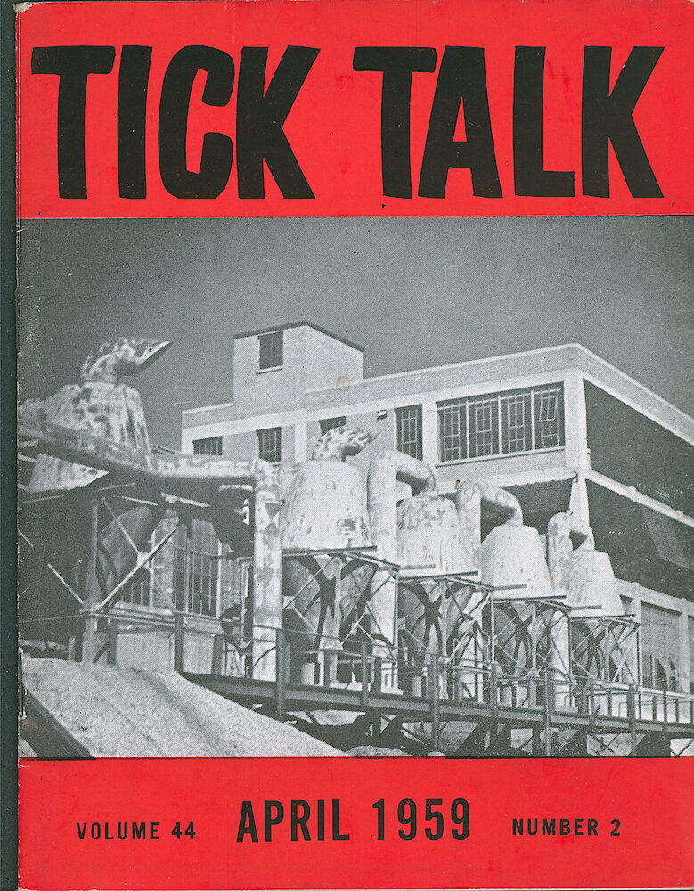 Westclox Tick Talk, April 1959, Vol. 44 No. 2 > F. Factory: Dust Collectors At The Back Of The Buffing Department (caption Inside Front Cover).