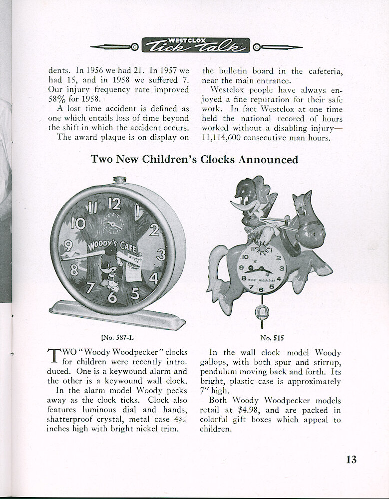 Westclox Tick Talk, May 1959, Vol. 44 No. 3 > 13. New Models: Children&039;s Clocks Woody Woodpecker Animated Alarm Clock, $4.98; Woody Woodpecker Wall Model, $4.98.