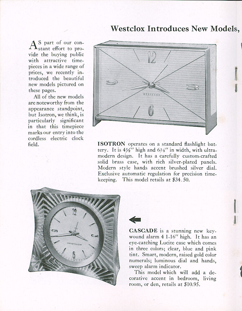 Westclox Tick Talk, May 1959, Vol. 44 No. 3 > 18. New Models: Isotron Battery Operated Clock In Solid Brass Case, $34.50; Cascade In Clear, Blue Or Pink Lucite Case $10.95.