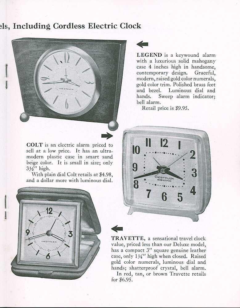 Westclox Tick Talk, May 1959, Vol. 44 No. 3 > 19. New Models: Legend Windup Alarm In Mahogany Case, $9.95; Colt Electric Alarm, Plastic Case, $4.98; Travette Folding Travel Alarm Clock, Red, Tan Or Brown, $6.95.