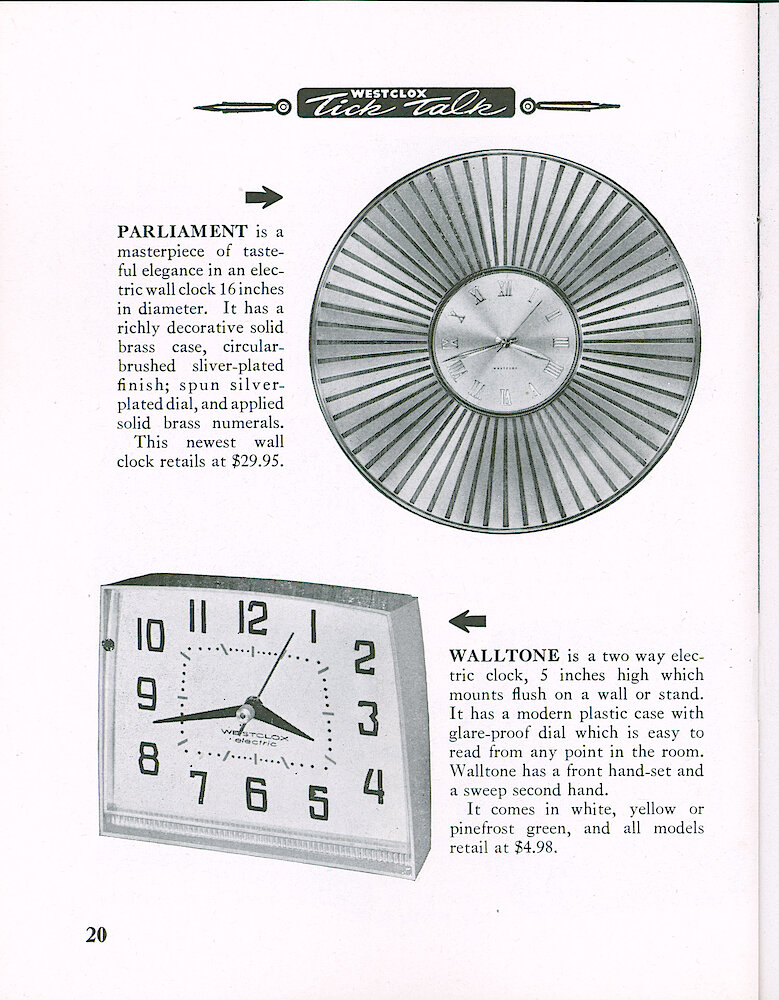 Westclox Tick Talk, May 1959, Vol. 44 No. 3 > 20. New Models: Parliament, Large Round Wall Clock, Radial Design, $29.95; Walltone Electric Clock For Wall Or Desk, White, Yellow Or Green, $4.98.