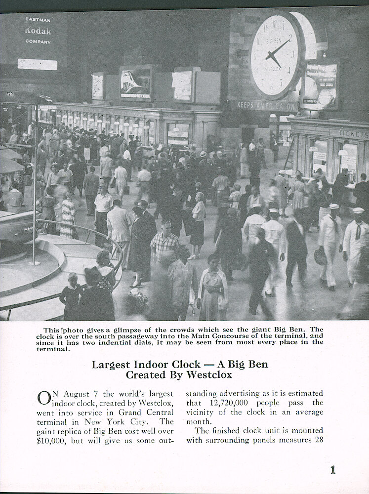 Westclox Tick Talk, August 1959 > 1. The World&039;s Largest Indoor Clock, Style 7 Big Ben Design, In Grand Central Station In New York.