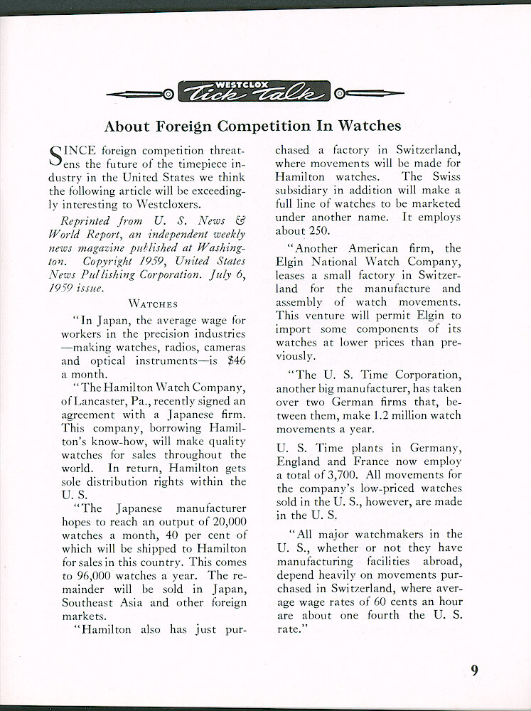 Westclox Tick Talk, August 1959 > 9. Corporate: Marketing: "About Foreign Competition In Watches"