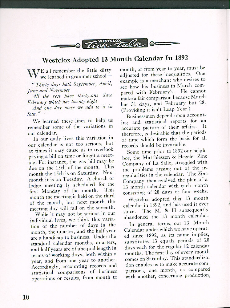 Westclox Tick Talk, August 1959 > 10. Corporate: "Westclox Adopted 13 Month Calendar In 1892"