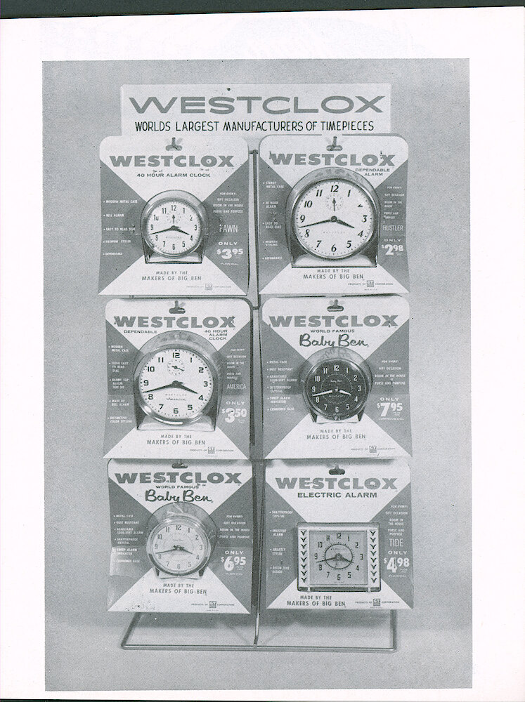 Westclox Tick Talk, August 1959 > 13. New Products: Marketing: New Blister Packs That Are Hung On Racks Or Peg Board, Or Placed On Counter. See Page 12 For Caption. Shows Fawn Style 1, Hustler Style 2, America Style 6, Baby Ben Style 7 And Tide Electric.