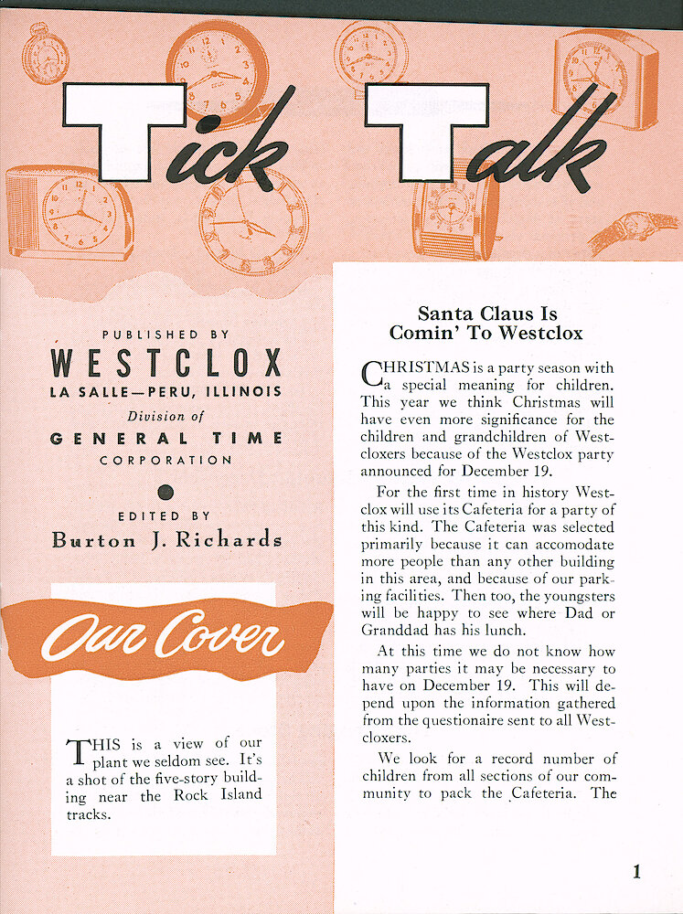 Westclox Tick Talk, October 1959 > 1. Cover Caption: "This Is A View Of Our Plant We Seldom See. It&039;s A Shot Of The Five Story Building Near The Rock Island Tracks."