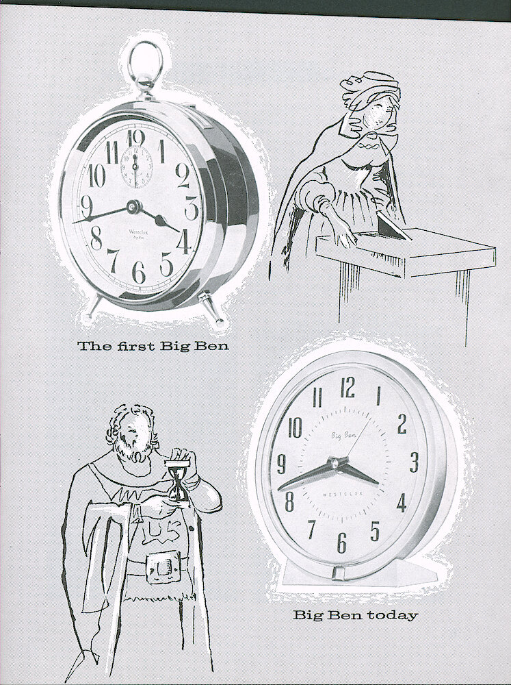 Westclox Tick Talk, October 1959 > 5. Historical Article: "How Big Ben Got His Name" Shows A Style 1a Big Ben And A Style 7 Big Ben.