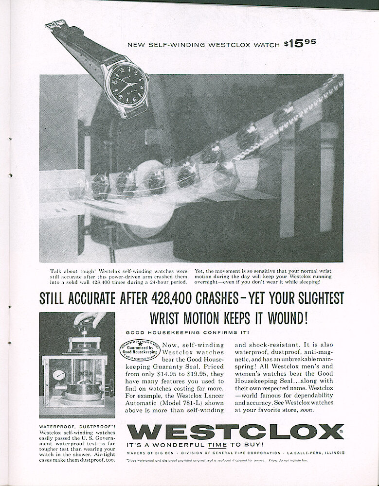 Westclox Tick Talk, October 1959 > 15. Advertisement: "New Self-winding Westclox Watch $15.95" October Good Housekeeping Magazine.