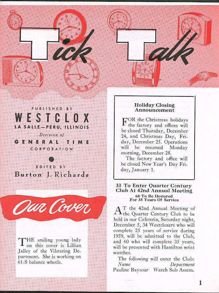 Westclox Tick Talk, November 1959 > 1. Cover Caption: Lillian Jalley Of The Vibrating Department Is Working On 61-S Balance Wheels.
