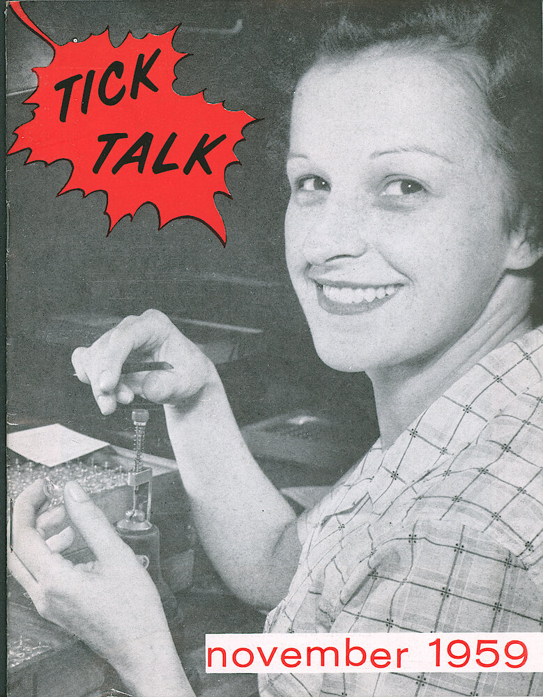 Westclox Tick Talk, November 1959 > F. Manufacturing: Lillian Jalley Of The Vibrating Department Is Working On 61-S Balance Wheels (caption On Page 1).